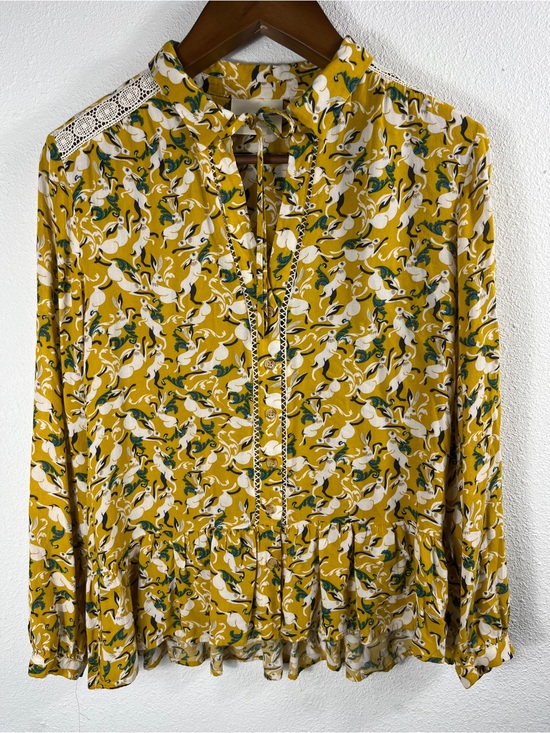 Anthropologie Tops - Maeve Anthropologie Shirt Womens 6 Yellow Rabbit Print Peplum Long Sleeve Ruffle